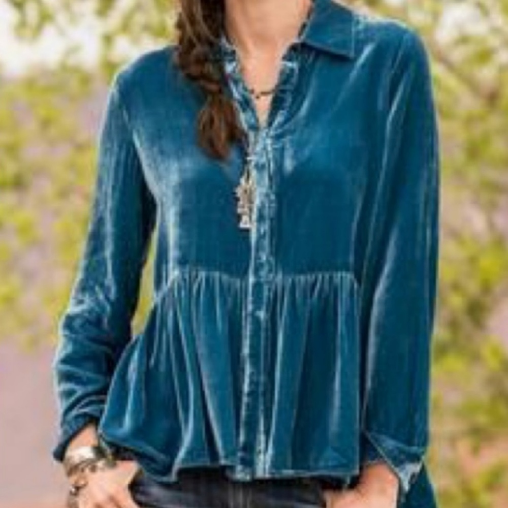 NWOT Blue 100% Silk Crushed Velvet Tunic